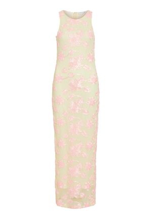 Robe longue beige sans manches avec broderie florale rose et fermeture éclair au dos, conçue pour des occasions formelles.