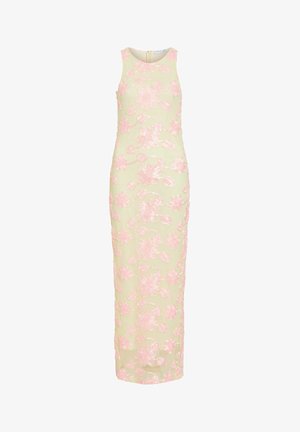 Robe longue beige sans manches avec broderie florale rose et fermeture éclair au dos, conçue pour des occasions formelles.