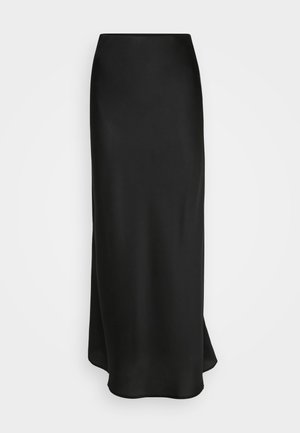 Schwarzer Maxirock aus Satin mit glatter Textur, geradem Schnitt und leicht ausgestellt am Saum. Keine sichtbaren Muster oder Verzierungen.