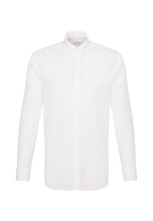 Langärmliges weißes Hemd mit Knöpfen, spitzem Kragen und geknöpften Manschetten, dargestellt vor einem schlichten weißen Hintergrund.
