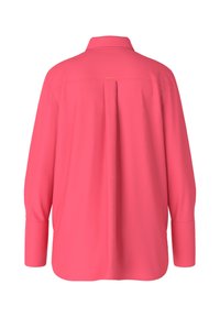 Pink long-sleeve shirt with a collar, featuring a back pleat and a rounded hem. Made from a smooth fabric with no visible patterns or accents.