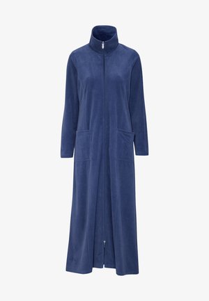 Long navy fleece robe with high collar, front zipper, and two side pockets. Soft texture, straight cut, and full-length design.