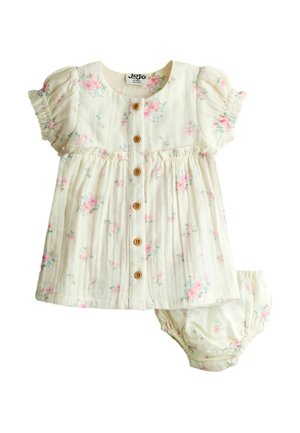 Kremowa sukienka niemowlęca z dopasowanymi bloomersami, ozdobiona różowym kwiatowym wzorem i drewnianymi guzikami z przodu sukienki.