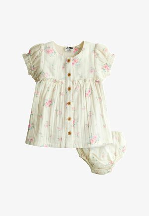 Krēmkrāsas bērnu kleita un atbilstoši biksītes ar rozā ziedu rakstu un koka pogām kleitas priekšpusē.