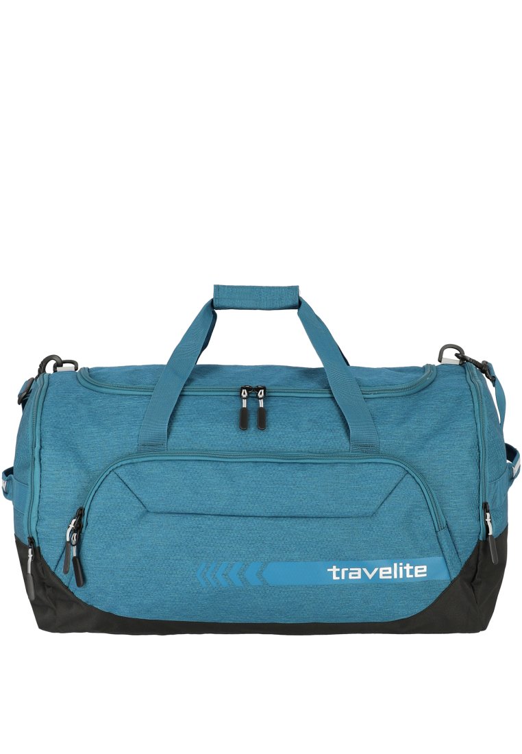 Bolso de viaje color verde azulado con fondo negro, que cuenta con dos asas superiores, un cierre con cremallera y un logotipo. Tela texturizada, diseño práctico para viajar.