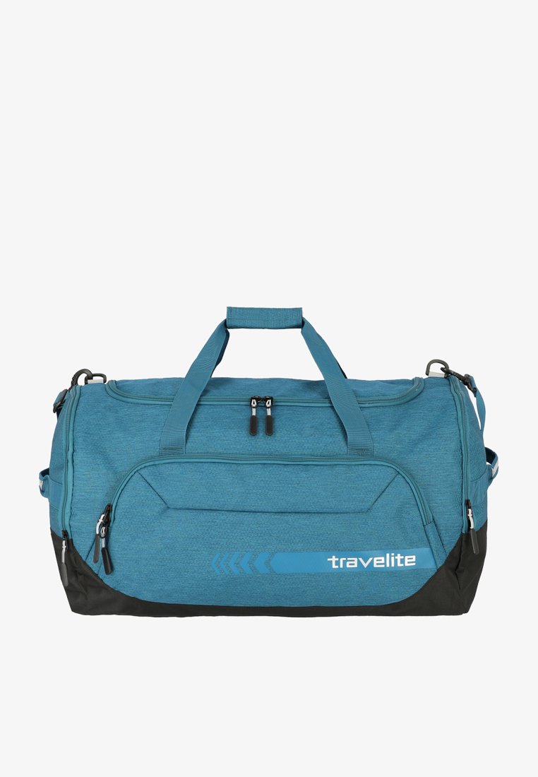 Bolso de viaje color verde azulado con fondo negro, que cuenta con dos asas superiores, un cierre con cremallera y un logotipo. Tela texturizada, diseño práctico para viajar.