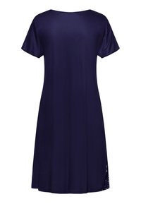 Robe bleu marine en tissu lisse, dotée de manches courtes, d'une coupe décontractée et de détails en dentelleintriqués au niveau de l'ourlet latéral.