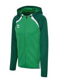 Zielona bluza z kapturem na zamek, ciemnozielone rękawy i kaptur, białe akcenty na ramionach oraz biały logo Hummel po lewej stronie klatki piersiowej.