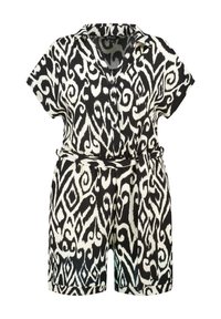 Jumpsuit court à motifs noir et blanc avec col, boutons sur le devant, manches courtes et taille ceinte. Tissu texturé avec un motif en tourbillon.