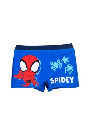 Children's blue swim shorts with cartoon Spider-Man character, three blue spider icons, and the word "SPIDEY" printed on the front.