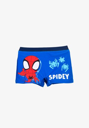 Kinderblaue Badeshorts mit der Cartoon-Figur Spider-Man, drei blauen Spinnen-Icons und dem Schriftzug „SPIDEY“ auf der Vorderseite.