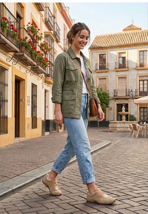 Joven mujer con chaqueta verde y vaqueros caminando por una calle empedrada con edificios históricos y macetas con flores al fondo.