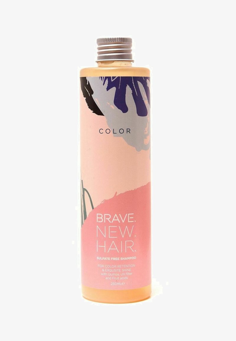 Pink cylindrisk shampooflaske med metallisk sølvhætte. Har et farverigt abstrakt design. Teksten fremhæver sulfatholdig formel og 250 ml størrelse.