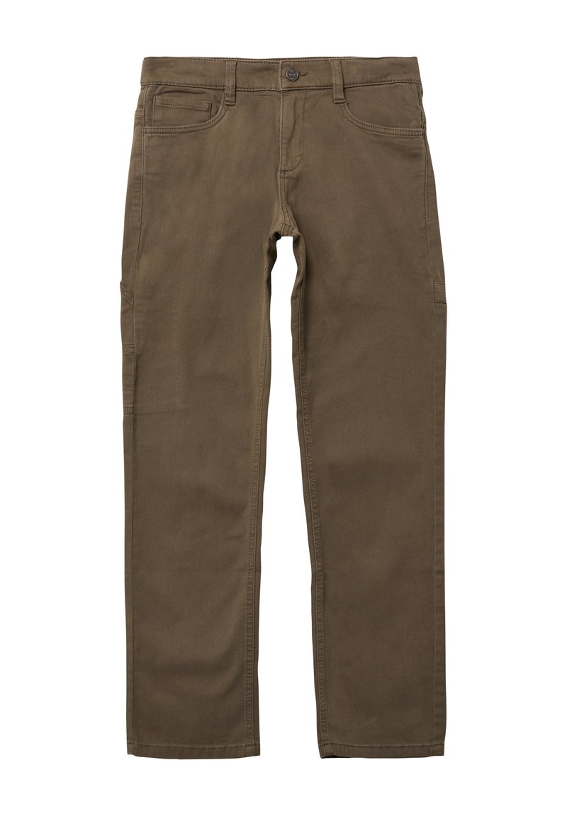 Rjavi bombažni hlače z običajnim pasom, sprednjimi žepi in žepi v slogu cargo na straneh za dodatno funkcionalnost.