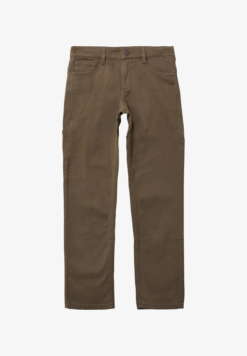 Rjavi bombažni hlače z običajnim pasom, sprednjimi žepi in žepi v slogu cargo na straneh za dodatno funkcionalnost.