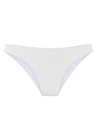 Weißer Bikiniunterteil mit gerippter Textur, geprägt durch einen schlanken Schnitt und minimalistisches Design. Glattes Material und schmaler Bund.