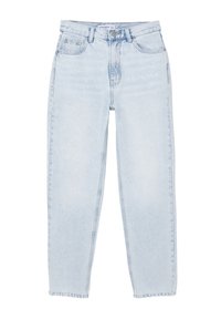 Jean en denim bleu clair avec taille haute, coupe droite, cinq poches et fermeture par bouton métallique. Délavage délavé et surpiqûres contrastantes.