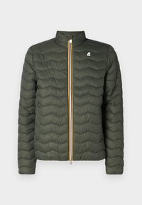 Green quilted puffer jacket with a high collar, featuring a front zipper with a yellow and blue accent, and a small logo on the chest.