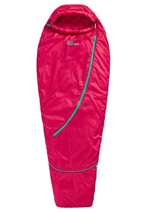 Roze slaapzak met capuchon, voorzien van een contrasterende turquoise rits en afwerking, gemaakt van lichtgewicht, waterafstotend materiaal.