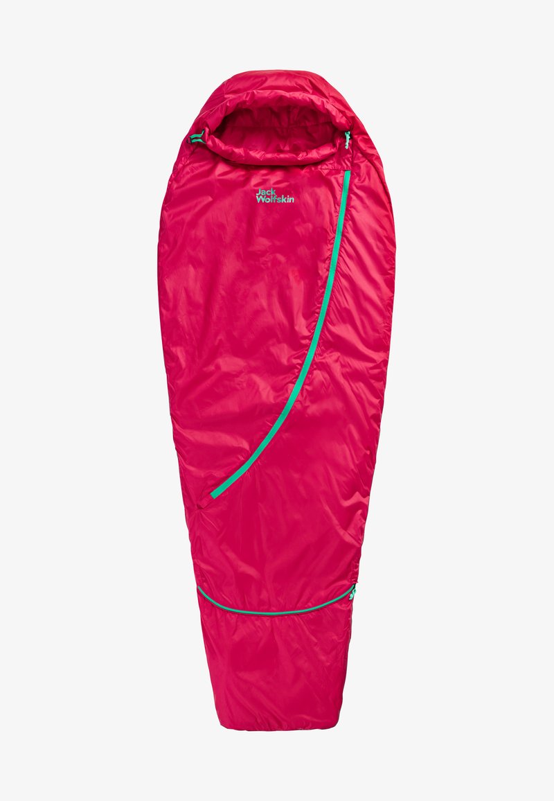 Sac de couchage rose avec capuche, doté d'une fermeture éclair turquoise contrastante et d'une bordure, fabriqué à partir d'un matériau léger et résistant à l'eau.