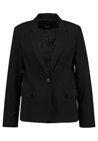 Veste noire en tissu lisse, dotée d'un col cranté, d'une fermeture à un bouton, de deux poches avant et d'une coupe cintrée.