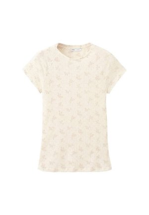 T-shirt crema a maniche corte in maglia a coste con delicato motivo floreale e scollo rotondo.