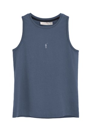 Débardeur en coton bleu marine sans manches avec petit logo blanc de joueur de polo centré sur la poitrine, encolure ronde, et étiquette indiquant « Polo Club ».