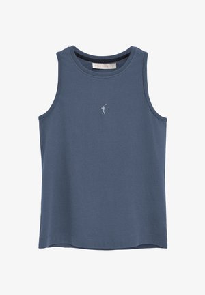 Débardeur en coton bleu marine sans manches avec petit logo blanc de joueur de polo centré sur la poitrine, encolure ronde, et étiquette indiquant « Polo Club ».