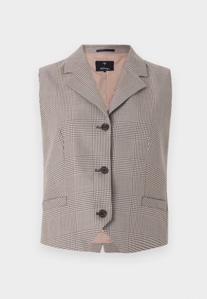 Αμάνικο καφέ και μπεζ γιλέκο με καρό σχέδιο, τρία σκούρα κουμπιά, γιακά με πέτο και δύο μπροστινές τσέπες τύπου welt.