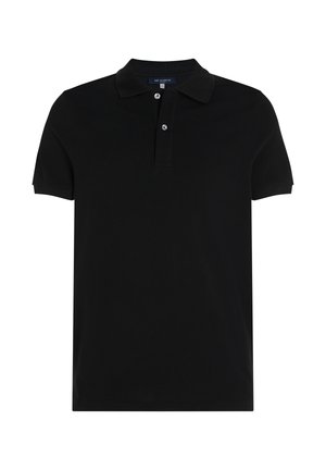 Schwarzes Polohemd aus Baumwollmischgewebe mit klassischen Kragen, Dreiknopfleiste und kurzen Ärmeln. Glatte Textur, minimales Design.