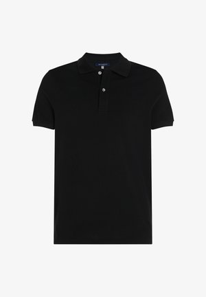 Schwarzes Polohemd aus Baumwollmischgewebe mit klassischen Kragen, Dreiknopfleiste und kurzen Ärmeln. Glatte Textur, minimales Design.