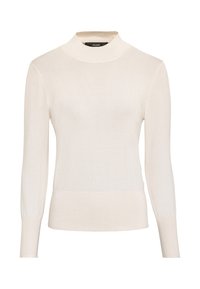 Strick-Rollkragenpullover in Creme; figurbetontes Design mit langen Ärmeln und gerippten Bündchen und Saum. Weiche Textur mit minimalen Details.