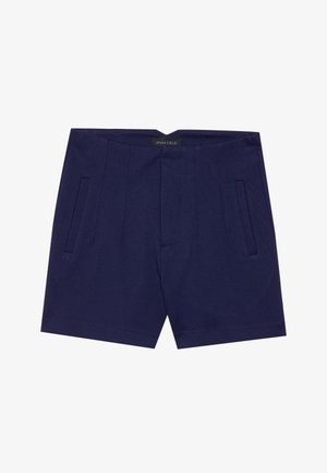 Granatowe szorty wykonane z miękkiego materiału, z płaskim przodem, dwoma bocznymi kieszeniami i subtelnym wzorem plis. Posiadają metkę na pasku.