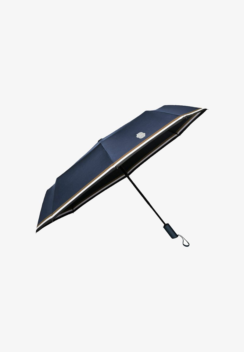 Parapluie compact bleu marine avec une poignée noire, une sangle pour poignet et des rayures blanches et beiges près du bord.