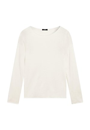 Maglietta a maniche lunghe con collo rotondo in bianco solido. Realizzata in tessuto leggero e morbido con una texture liscia. Taglio dritto, senza fantasie o decorazioni.