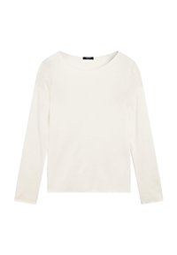 Weißes Langarmshirt mit rundem Ausschnitt aus glattem Stoff. Es hat eine lockere Passform und keine sichtbaren Muster oder Verzierungen.