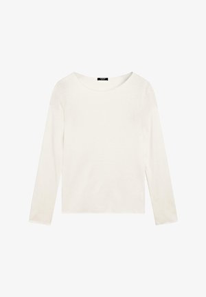 Hvid bluse med lange ærmer og rund hals, lavet af glat stof. Har en afslappet pasform og ingen synlige mønstre eller pynt.