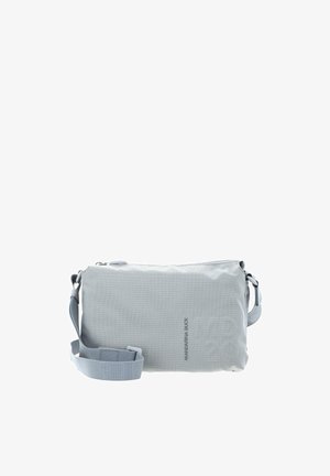 Sac bandoulière rectangulaire gris clair avec sangle réglable et petit logo "MANDARINA DUCK" au centre avant.