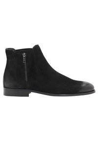Botines de ante negros con cremallera lateral, puntera redondeada suave, acabado mate y tacón bajo, adecuados para uso casual o semiformales.