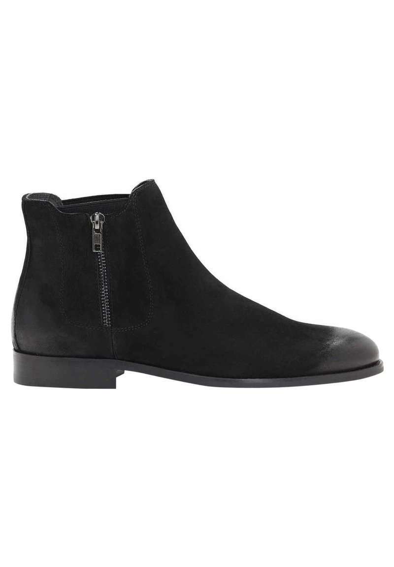 Botines de ante negros con cremallera lateral, puntera redondeada suave, acabado mate y tacón bajo, adecuados para uso casual o semiformales.