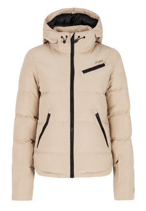 Beige Puffer-Jacke mit Kapuze, ausgestattet mit schwarzen Reißverschlüssen und Akzentdetails. Gequiltete Textur und eine Reißverschlusstasche auf der Brust.