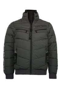 Dunkelgraue Pufferjacke mit Reißverschluss vorne, gerippten Bündchen und zwei Brusttaschen. Verfügt über Markenakzente und dekorative seitliche Streifen.