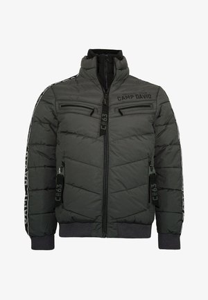 Puffer jacket in dark gray with a zip front, ribbed cuffs, and two chest pockets. Features brand details and decorative side stripes.