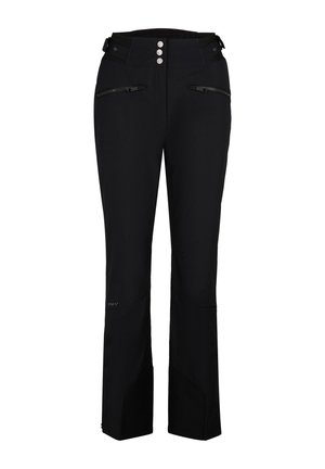 Black ski pants made of softshell fabric, featuring a straight cut, zippered pockets, and reinforced sections at the hem. Three snap buttons at the waist.