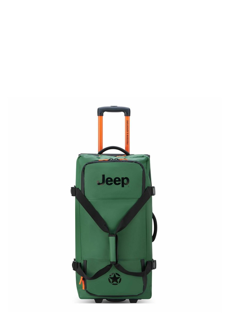 Borsa da viaggio verde con ruote, dettagli neri, manico arancione, cinghie regolabili e logo Jeep. Presenta un tessuto testurizzato per una maggiore resistenza.