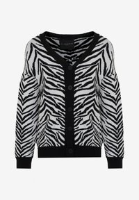 Cardigan a righe zebra bianco e nero con scollo a V, lunghe maniche a sbuffo, chiusura con bottoni neri e polsini e orlo a coste neri.