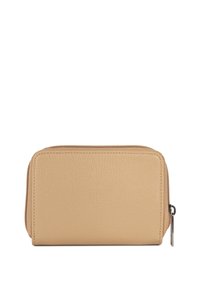 Portafoglio in finta pelle beige con finitura testurizzata, chiusura zip, forma rettangolare e un piccolo dettaglio in metallo argentato sulla linguetta della zip.