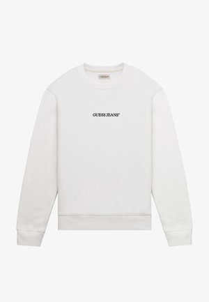 Bijela dukserica od pamuka s okruglim izrezom i dugim rukavima. Na prednjoj strani ima vezenu oznaku "GUESS JEANS" u crnoj boji.