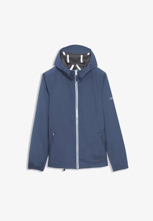 Marineblaue leichte Jacke mit Kapuze, Frontreißverschluss und elastischen Ärmelbündchen. Verfügt über ein graues Innenfutter mit weißen Akzenten und Seitentaschen.