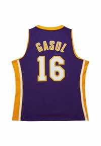 Camiseta de baloncesto morada con acentos amarillos, que presenta el nombre "GASOL" y el número "16" en blanco en la parte trasera. Hecha de un tejido transpirable.